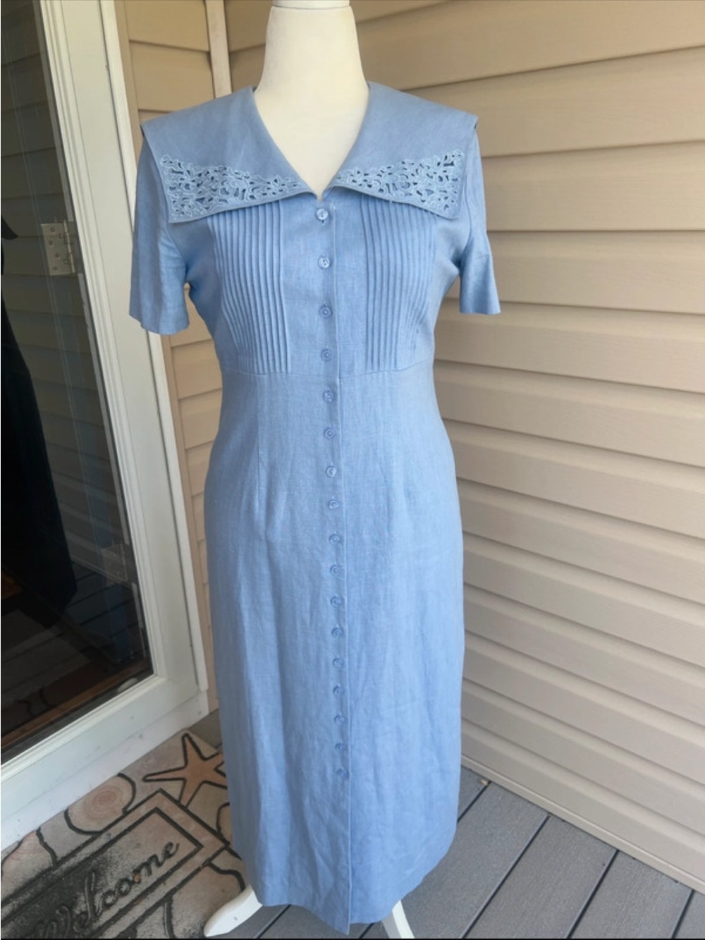 Positive Attitude Blue Linen Blend Secretary Dress Lace Collar 10P